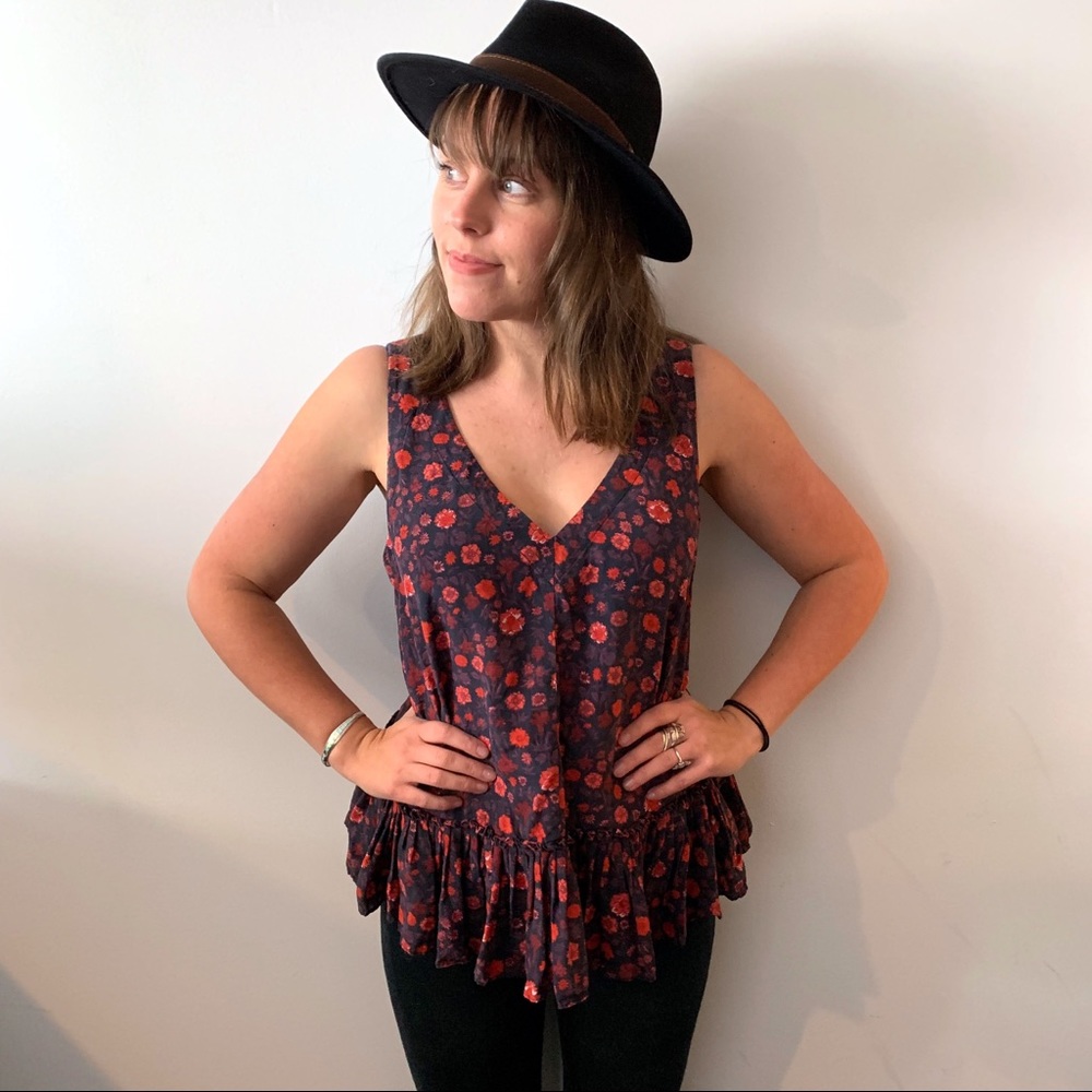Rebecca Taylor Sleeveless Floral Silk Peplum Tank